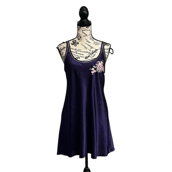 Morgan Taylor Teddy Nightdown Mini Dress Womens Navy Satin Embroidered L Party - Picture 2 of 8